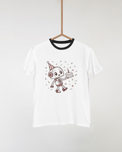 Design de t-shirt avec robot kawaii, idéal pour les événements festifs.