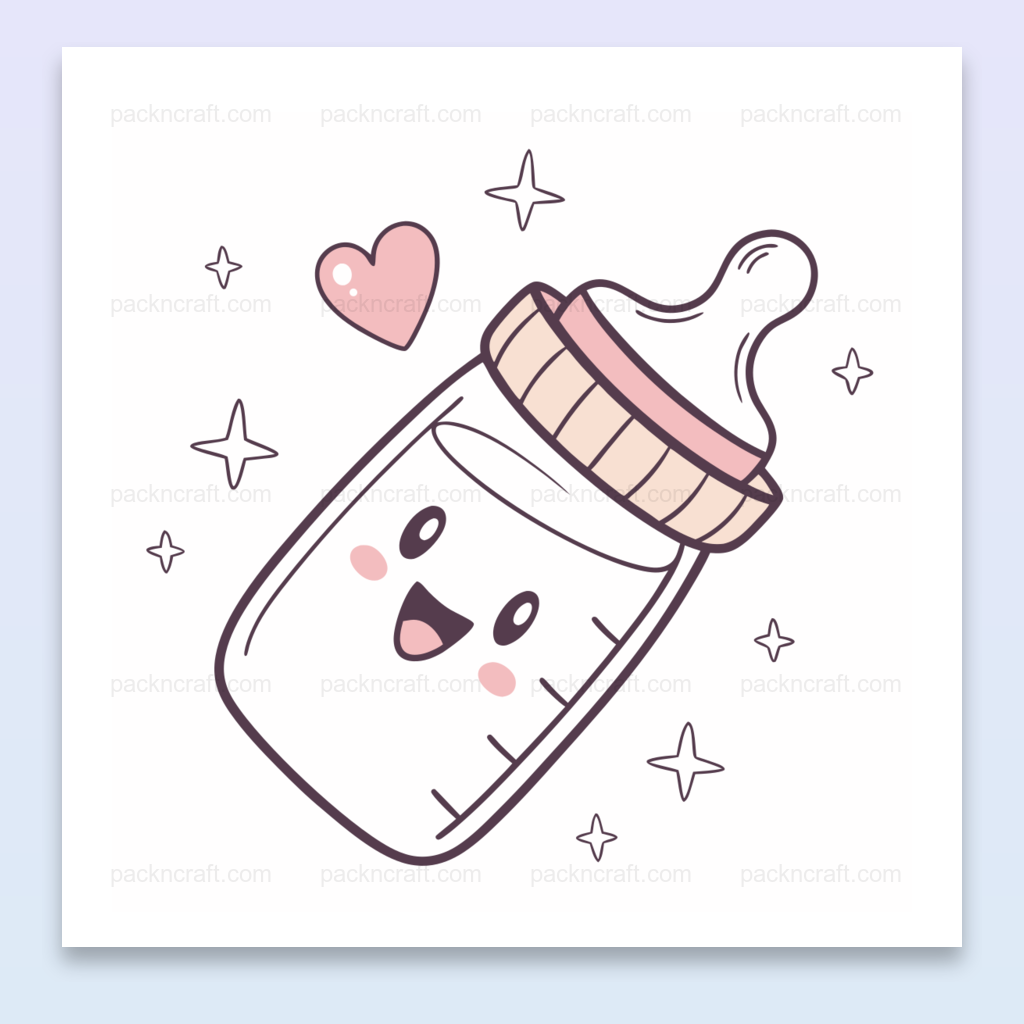 Illustration kawaii d'un biberon dans un cadre étoilé