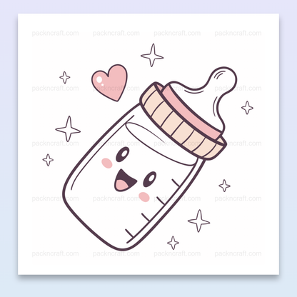 Illustration kawaii d'un biberon dans un cadre étoilé