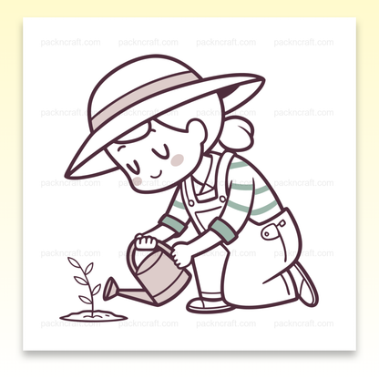 Illustration numérique de jardinier heureux arrosant une plante, idéale pour DIY ou papeterie.