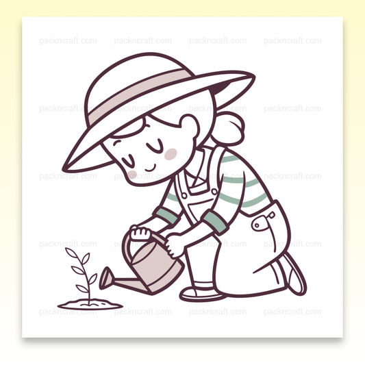 Illustration numérique de jardinier heureux arrosant une plante, idéale pour DIY ou papeterie.