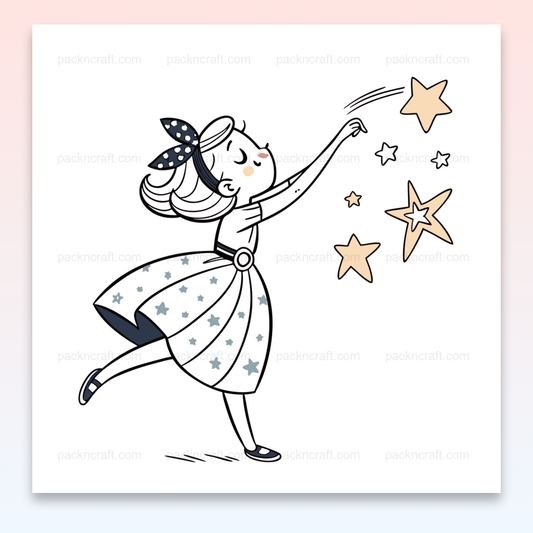 Fillette en robe étoilée attrapant des étoiles en illustration doodle, parfaite pour décorations et projets créatifs.