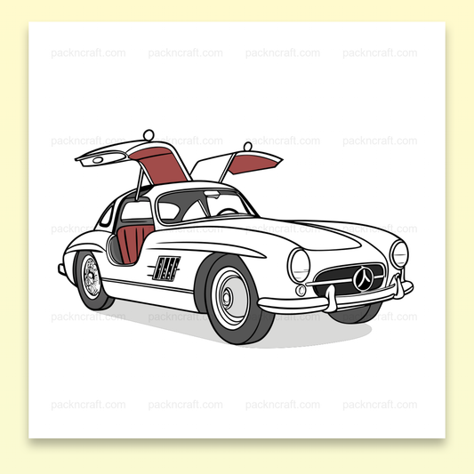 Illustration de la Mercedes 300SL avec portes ouvertes, en style classique.