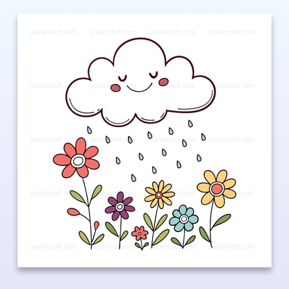 Nuage souriant arrosant des fleurs, style pastel, usage DIY printanier.