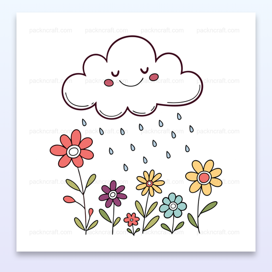 Nuage souriant arrosant des fleurs, style pastel, usage DIY printanier.