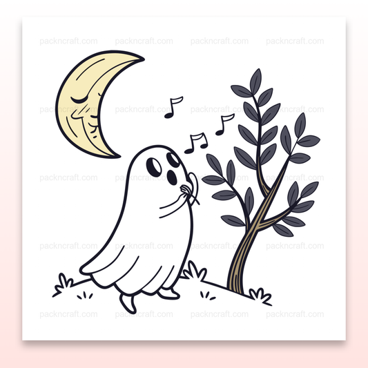 Fantôme chantonnant à la lune, illustration surréaliste SVG pour déco et papeterie.