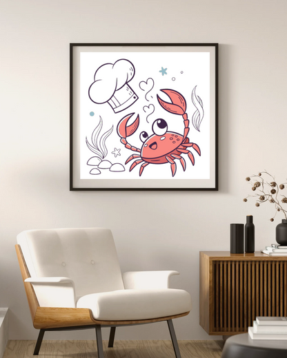 Cadre décoratif avec un crabe chef cartoon amusant sur fond d'océan lumineux