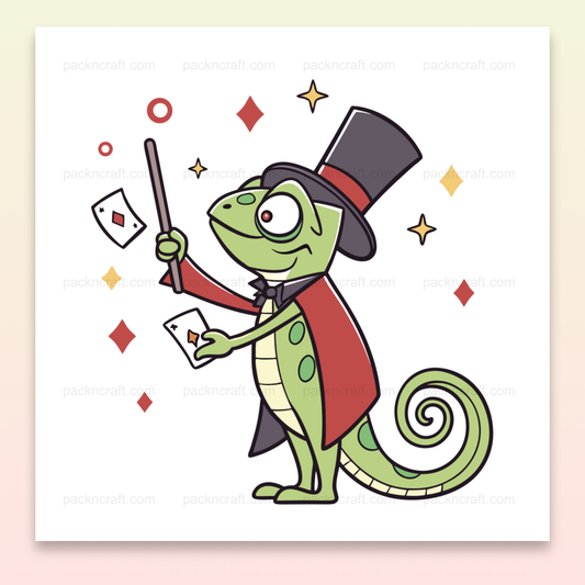 Illustration d'un caméléon magicien avec chapeau et cartes, pour projets créatifs.
