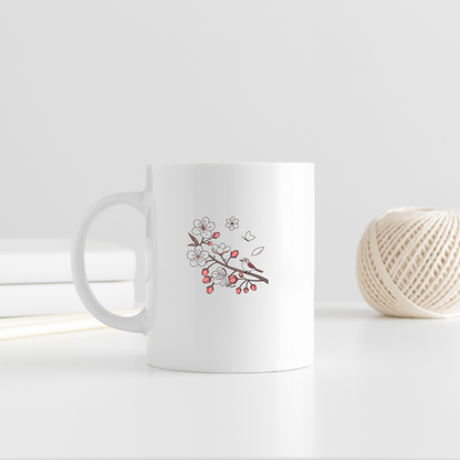 Mug avec moineau élégant parmi fleurs de cerisier printanières