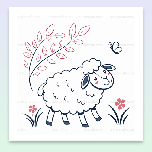 Illustration d'un mouton joyeux avec fleurs et papillon, usage décoratif et éducatif