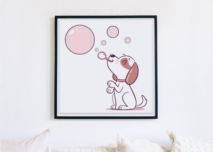 Cadre moderne avec chien joueur pastel soufflant des bulles évasion délicate