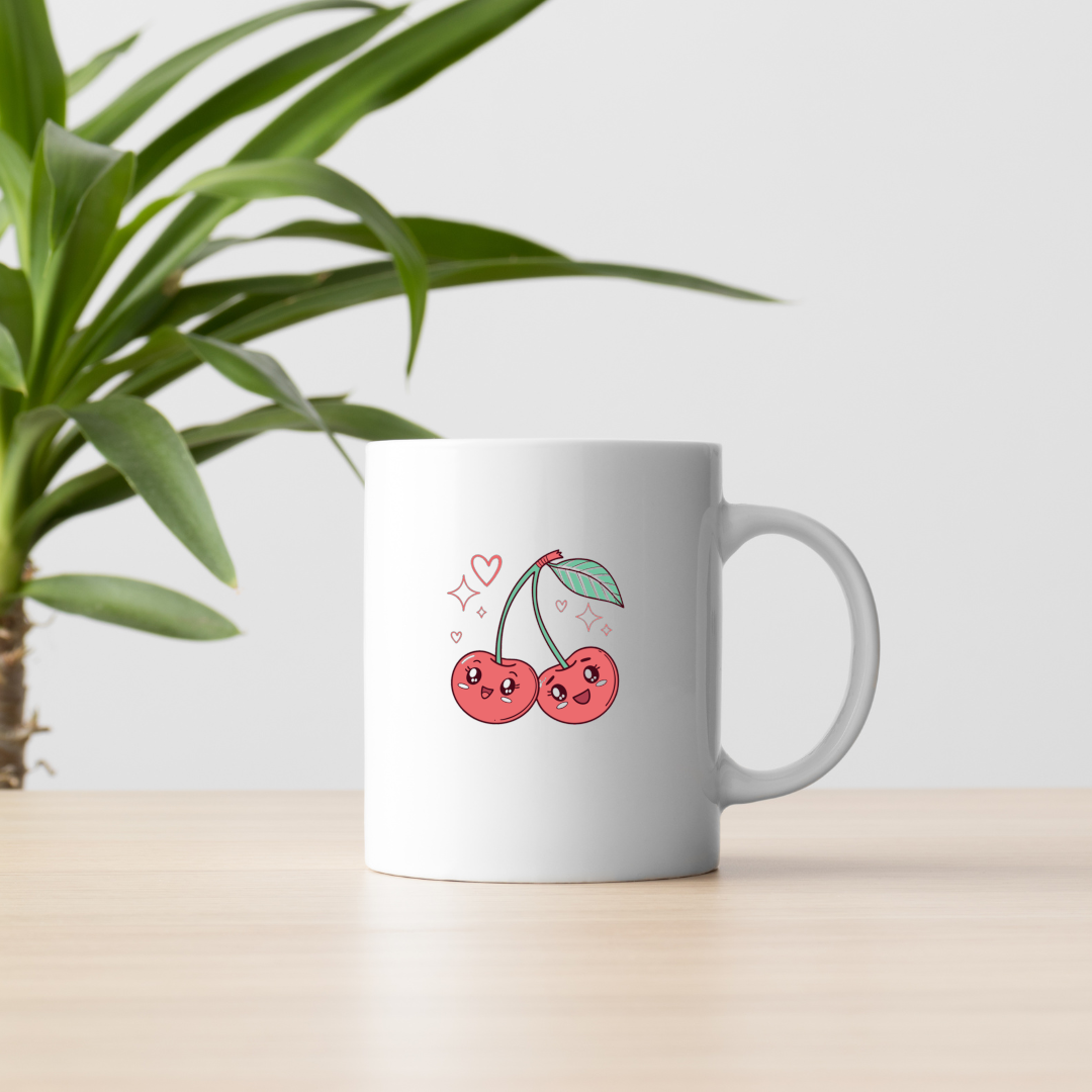 Mug avec motif kawaii de cerises souriantes style fruité et joyeux