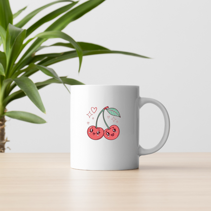Mug avec motif kawaii de cerises souriantes style fruité et joyeux