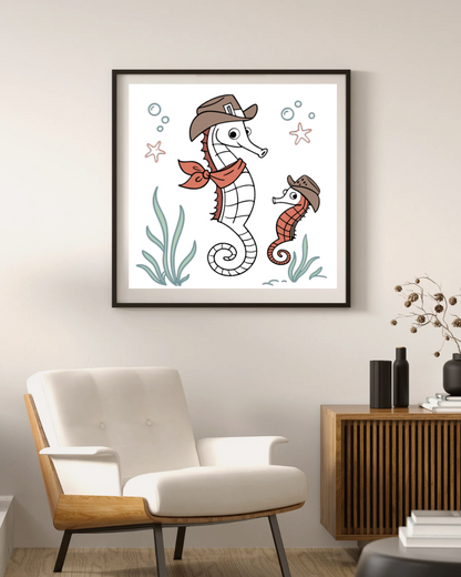 Cadre avec hippocampes style doodle dans un thème marin amusant