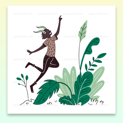 Illustration d'une créature joyeuse bondissante, idéale pour les projets créatifs et éducatifs en style doodle jungle.