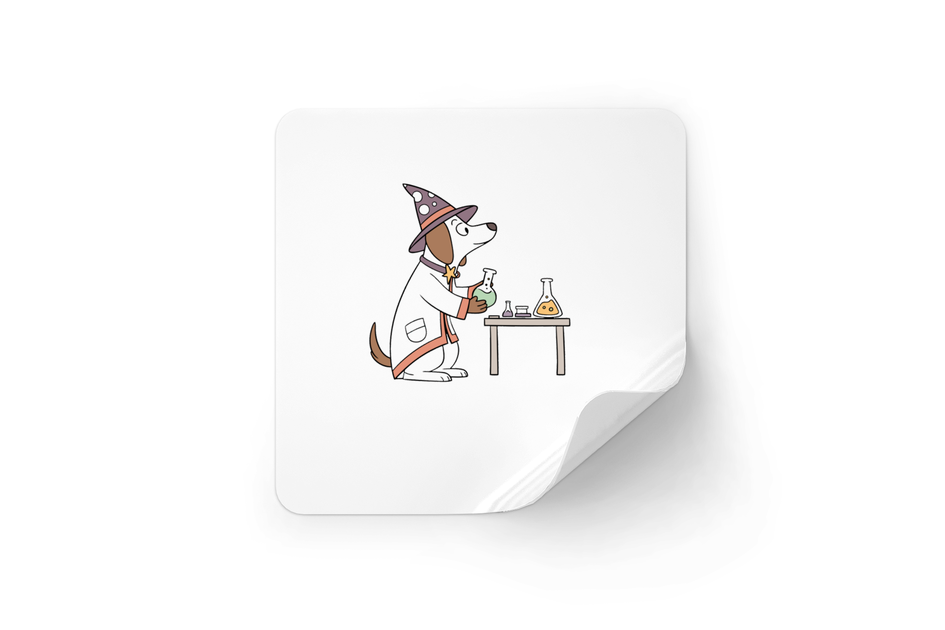 Sticker rectangle avec chien sorcier chimiste, ambiance magicien et science fantaisiste