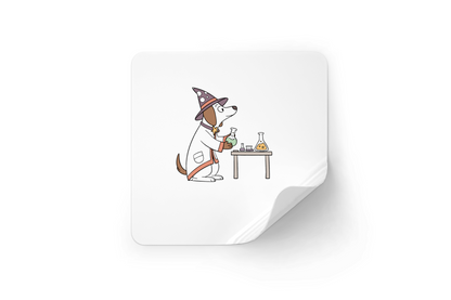 Sticker rectangle avec chien sorcier chimiste, ambiance magicien et science fantaisiste