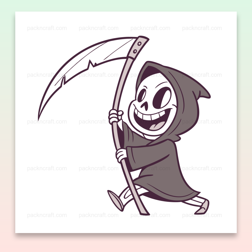 Illustration de faucheuse joyeuse en style doodle, idéale pour Halloween.