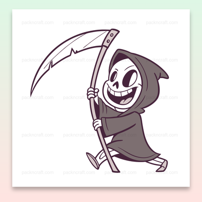 Illustration de faucheuse joyeuse en style doodle, idéale pour Halloween.