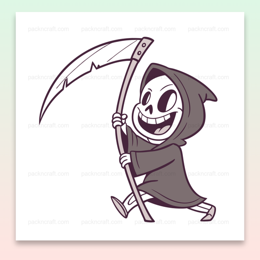 Illustration de faucheuse joyeuse en style doodle, idéale pour Halloween.