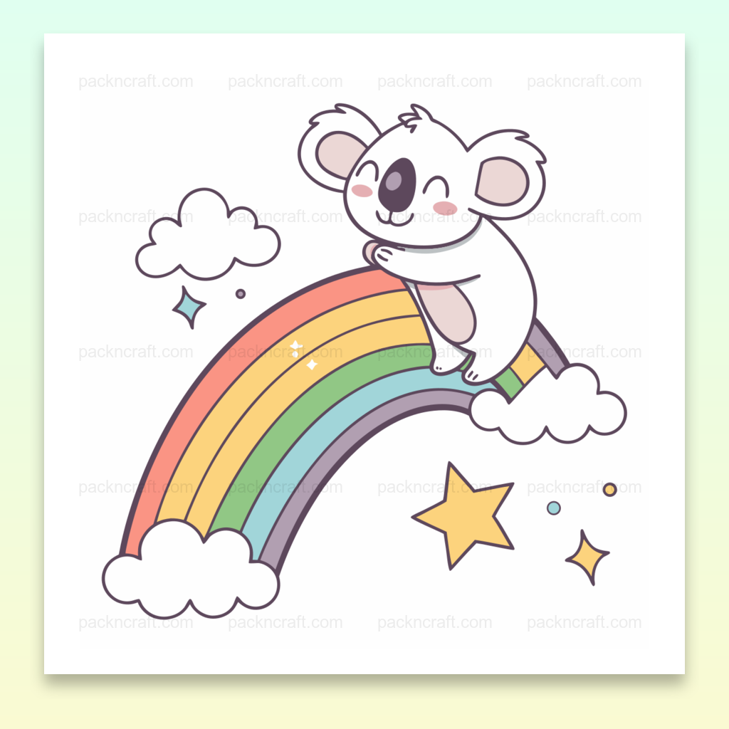Adorable illustration de koala joyeux sur un arc-en-ciel, utilisable en déco DIY et papeterie.