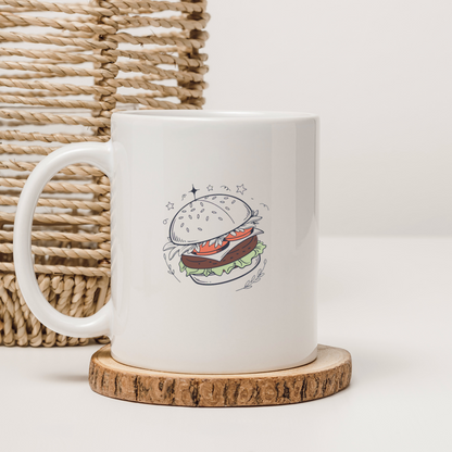 Mug stylé avec burger gourmand pastel, détail tendance et coloré