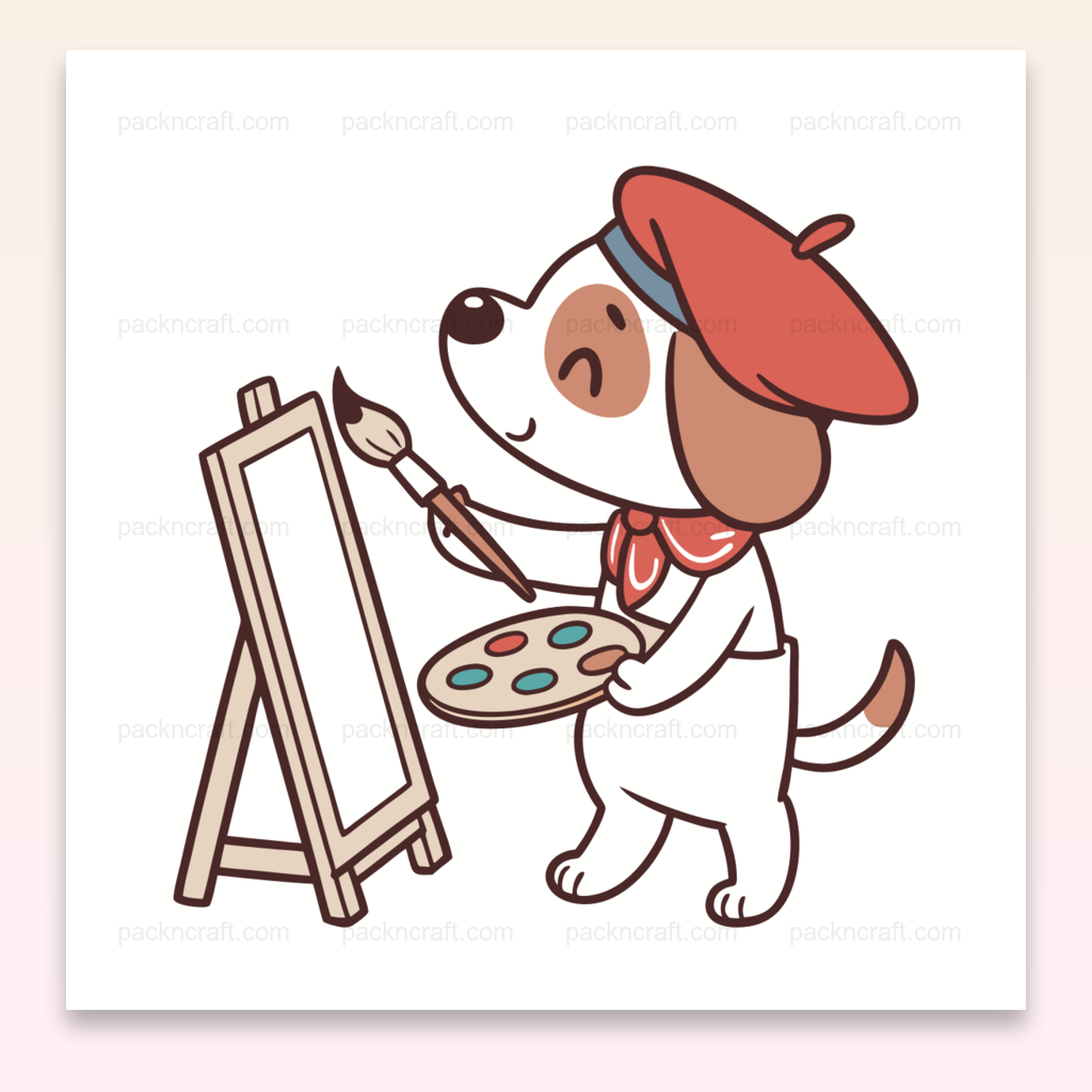 Illustration d'un chien peintre heureux en style kawaii, parfait pour l'art créatif et DIY.