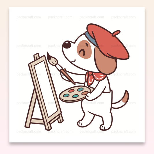 Illustration d'un chien peintre heureux en style kawaii, parfait pour l'art créatif et DIY.