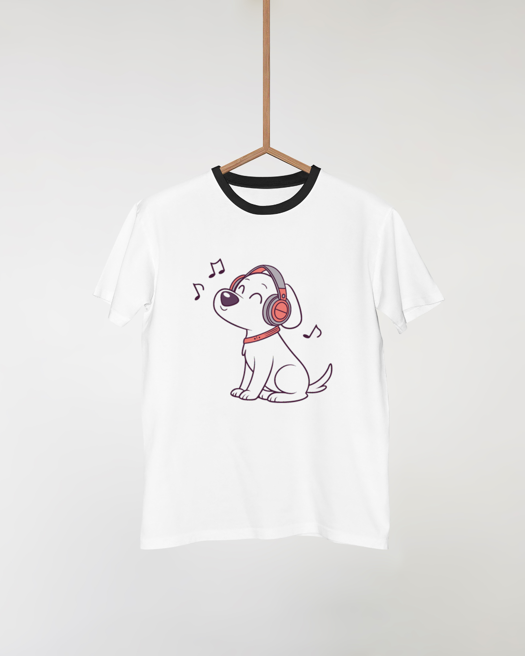 Design vectoriel flat sur t-shirt représentant un chien mélomane écoutant de la musique