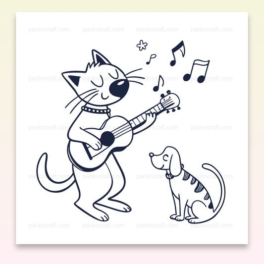 Illustration en noir et blanc d'un chat joueur de guitare avec un chien, idéale pour projets créatifs et éducatifs