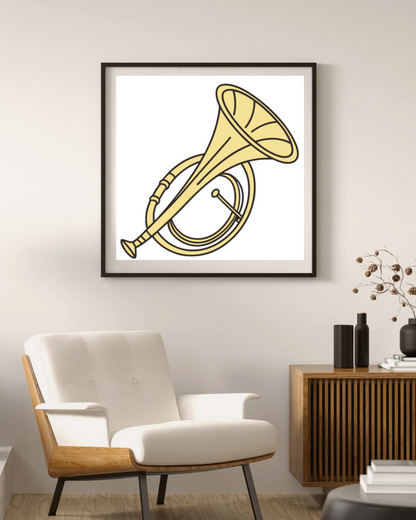 Cadre avec tuba design illustratif sur fond musical créatif, parfait pour déco murale