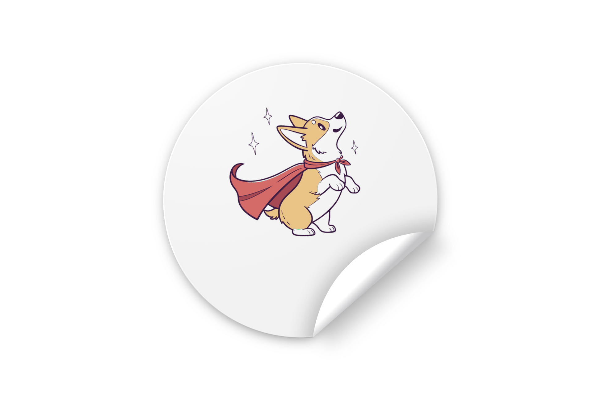 Sticker joyeux montrant un corgi héroïque sur fond graphique attrayant