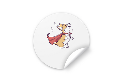 Sticker joyeux montrant un corgi héroïque sur fond graphique attrayant