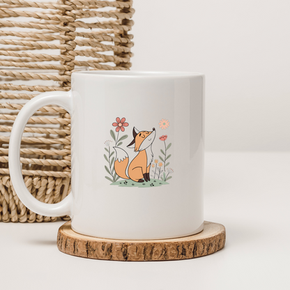 Mug avec un renard contemplatif en motif pastel dans un jardin fleuri paisible