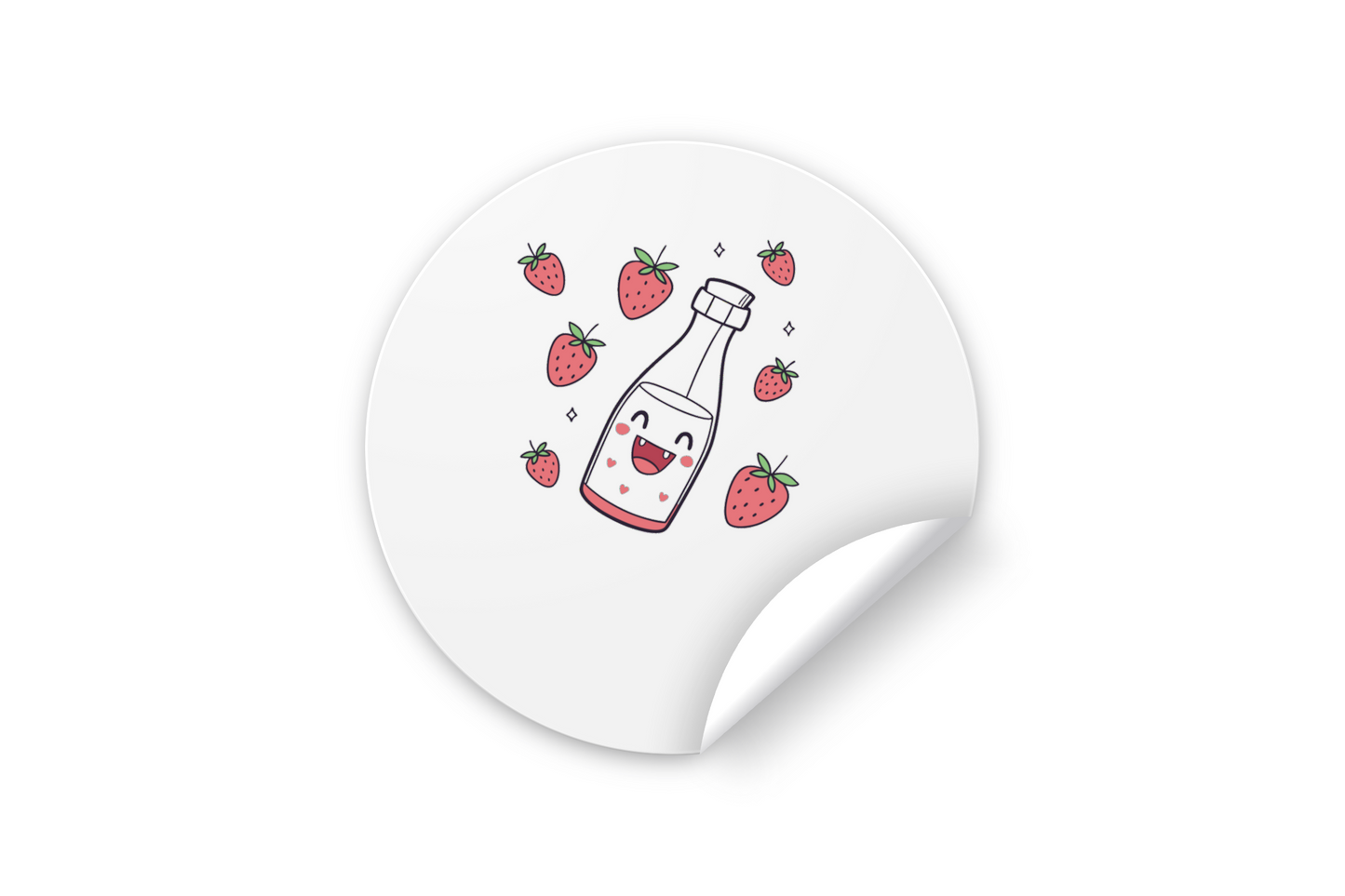 Sticker avec une bouteille joyeuse ornée de fraises en style Kawaii sur fond fruité