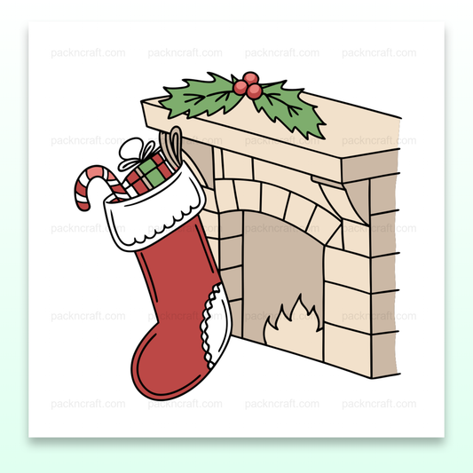Illustration festive d'une chaussette de Noël remplie de cadeaux devant une cheminée, idéale pour projets créatifs.
