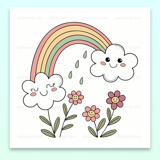 Nuages heureux sous un arc-en-ciel avec fleurs souriantes pour décorations printanières et projets DIY.