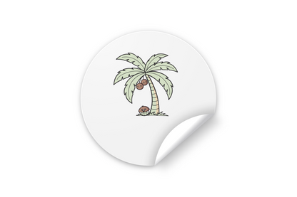 Sticker décoratif sur fond blanc avec cocotier rieur en doodle vectoriel tropical