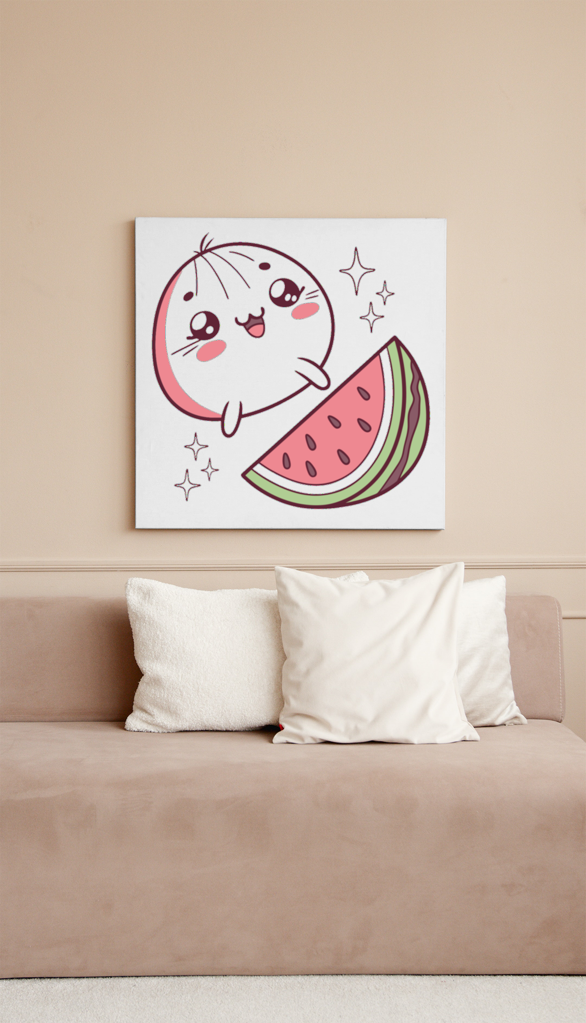 Cadre décoratif avec petit Bao joyeux et pastèque au style kawaii estival