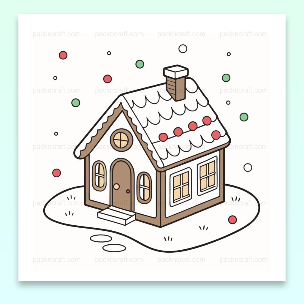 Illustration SVG de maison de pain d'épices enneigée, idéale pour décoration de Noël.