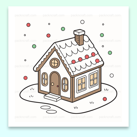 Illustration SVG de maison de pain d'épices enneigée, idéale pour décoration de Noël.