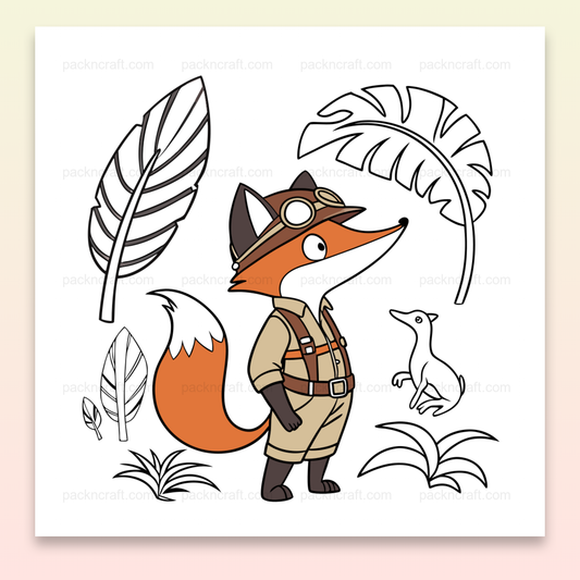 Illustration renard explorateur et dinosaure, fichier SVG jungle pour projets créatifs.