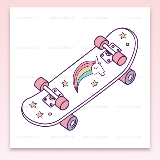 Illustration vectorielle d'un skateboard licorne pastel, usage déco et créatif.