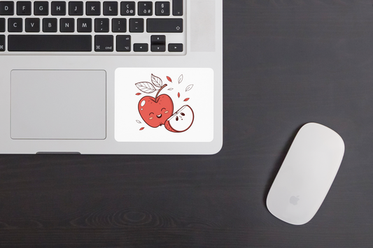 Sticker joyeux automnal avec une pomme souriante en vol, parfait pour personnaliser