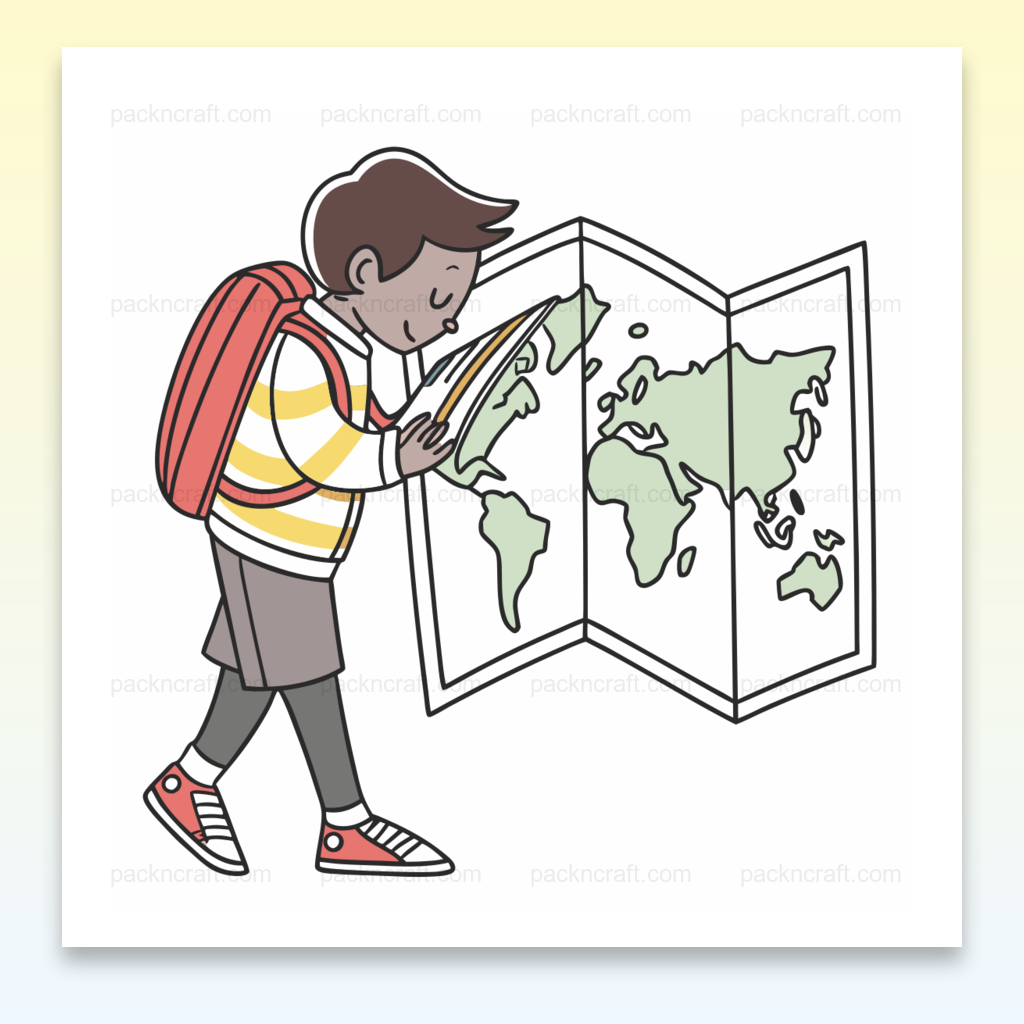 Illustration minimaliste d'un écolier explorateur avec carte du monde