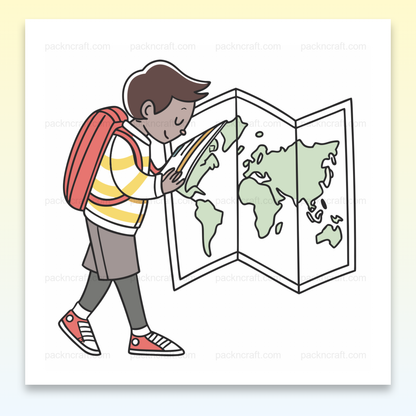 Illustration minimaliste d'un écolier explorateur avec carte du monde