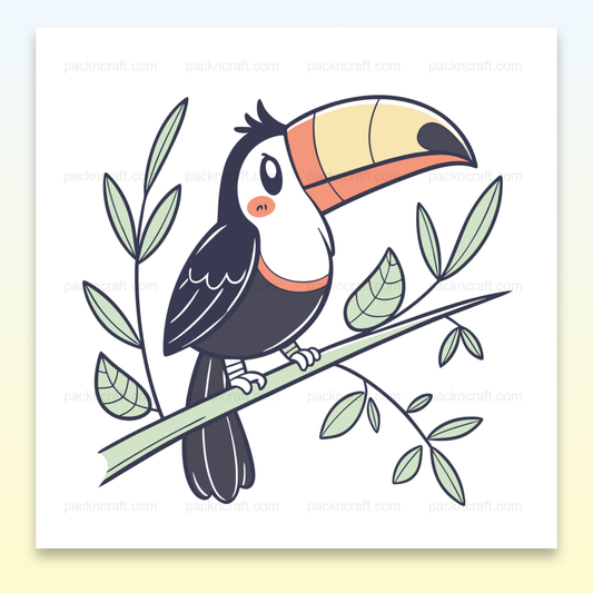 Illustration d'un toucan curieux sur une branche, en style vectoriel coloré pour projets éducatifs et déco.