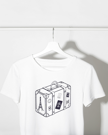 T-shirt avec design vectoriel voyage et valise élégante prêt pour Paris