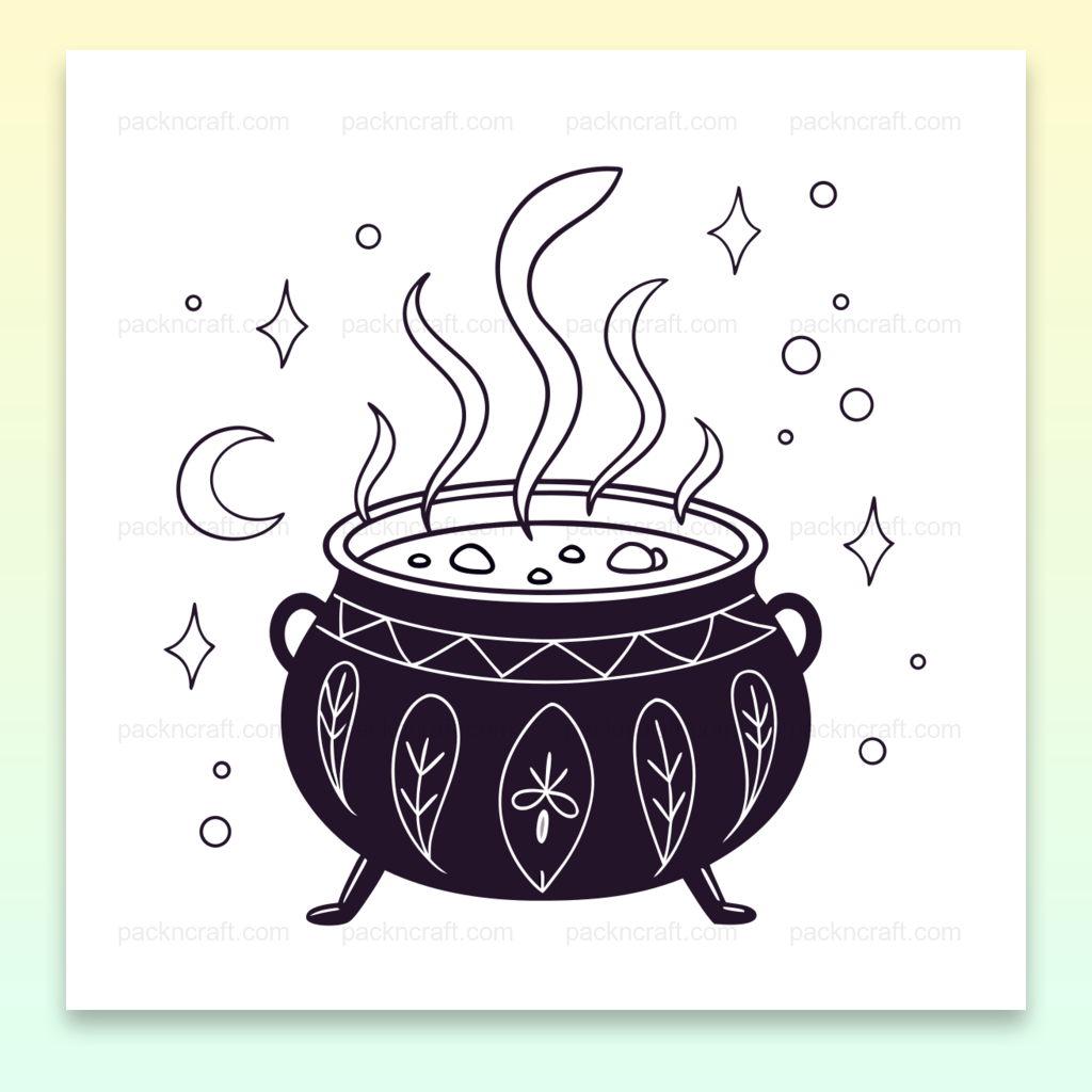 Illustration stylisée d'un chaudron enchanté fumant, idéale pour décorations magiques DIY.