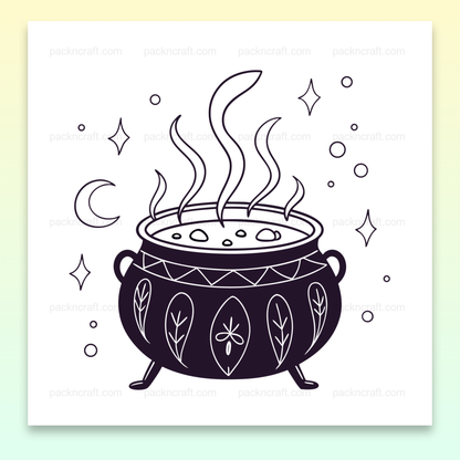 Illustration stylisée d'un chaudron enchanté fumant, idéale pour décorations magiques DIY.
